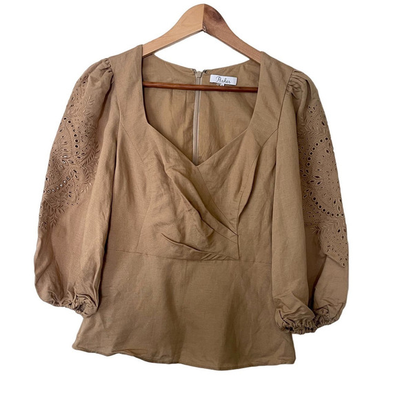 Parker Rosetta Linen Blend Eyelet Tan Ballon Sleeve Peplum Blouse, Size XS 🔴 - Picture 2 of 4